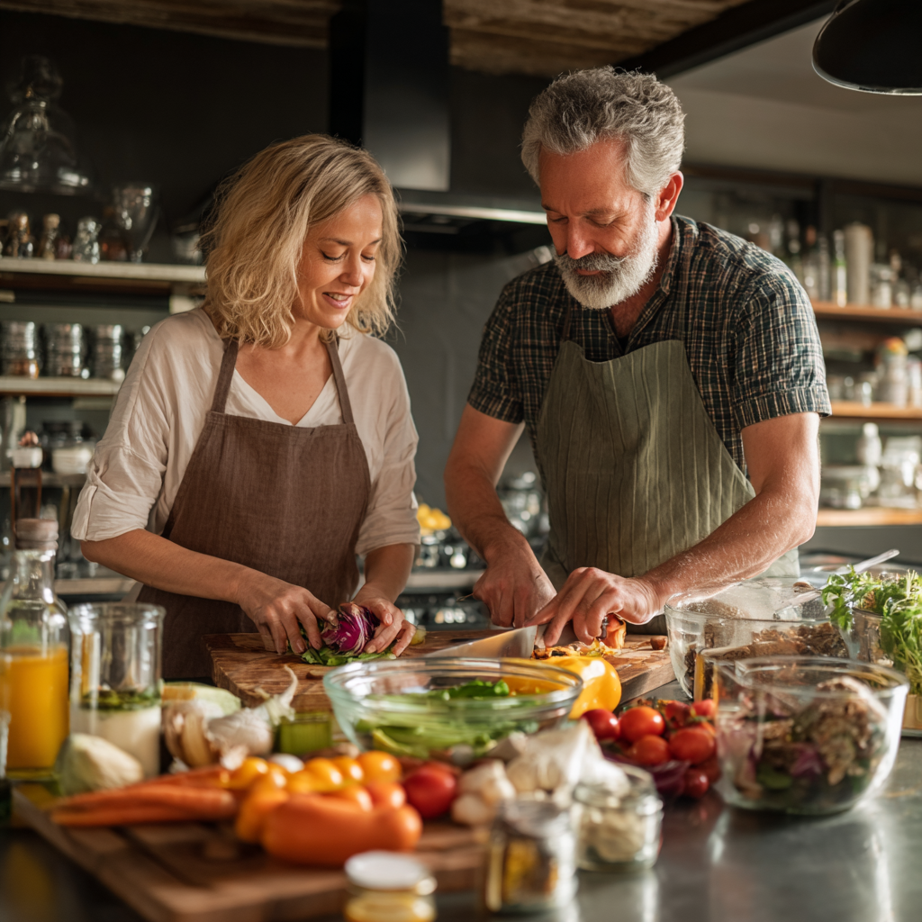 Middle-aged adults preparing nutritious meal together in bright kitchen